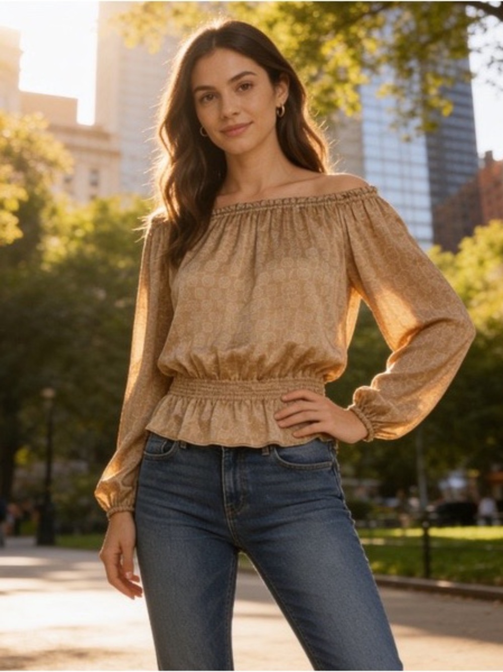 MICHAEL Michael Kors Off-Shoulder Peplum Blouse in Tan